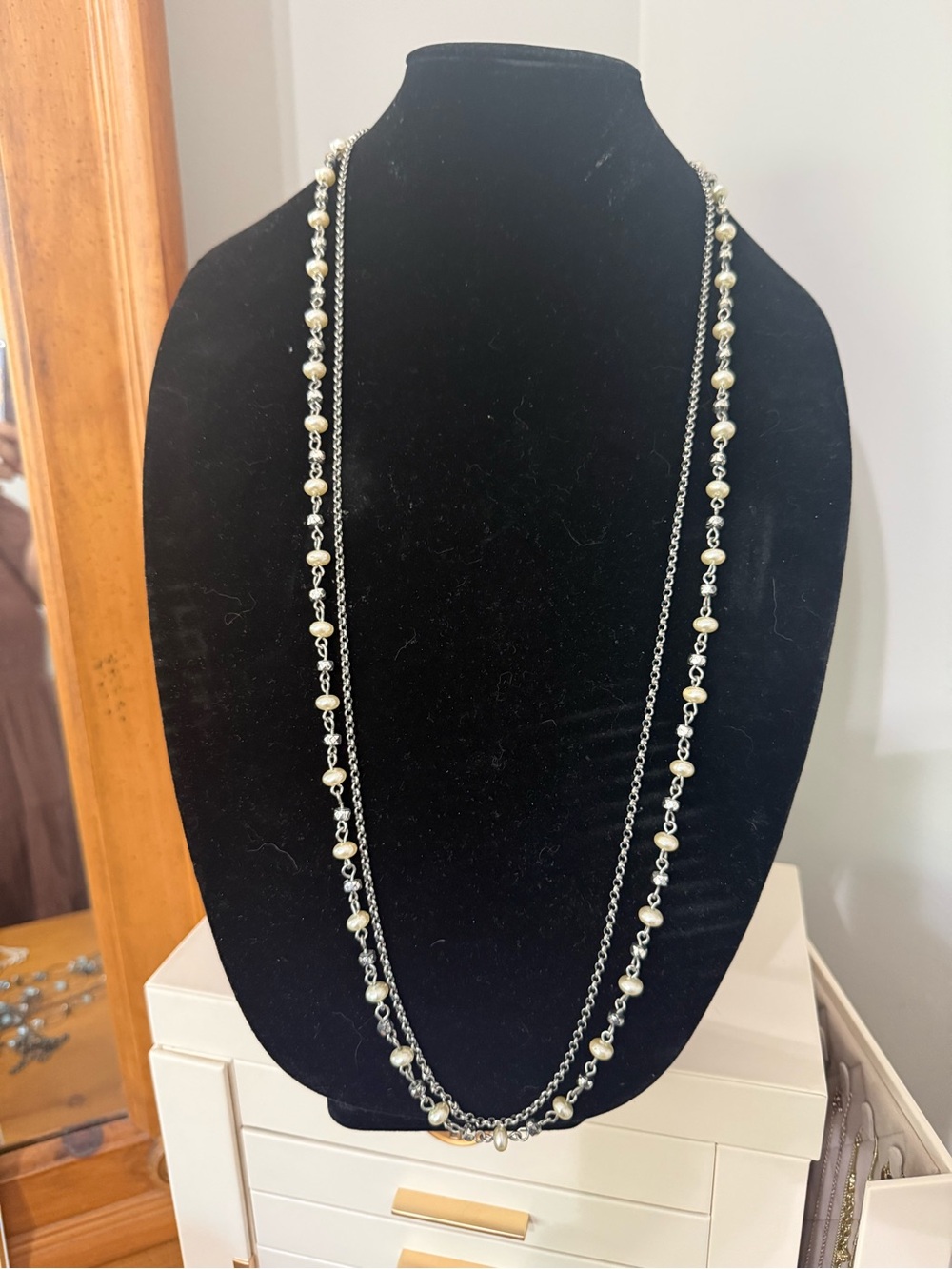 Long Double Strand Pearl and Silver Chain Necklace adjustable